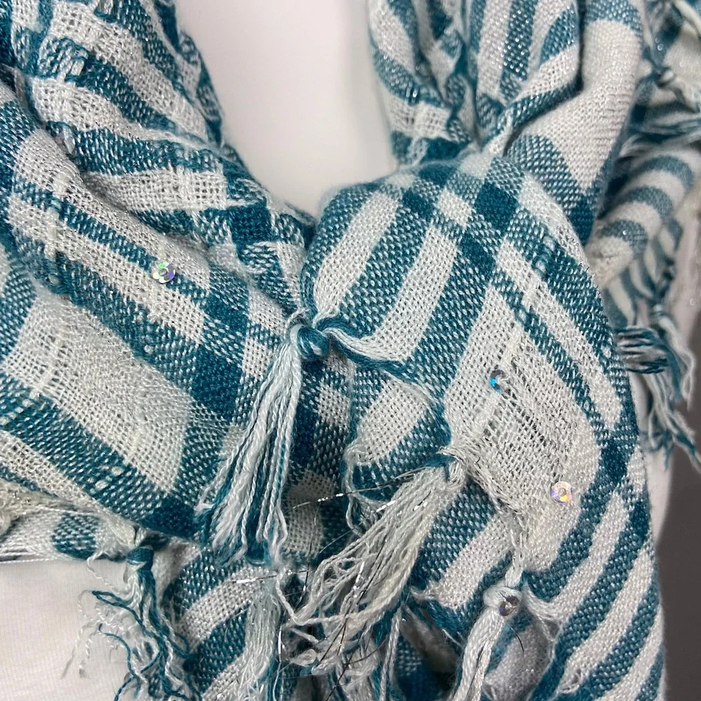 Plaid Fringe Scarf Blue‎ White Shawl Y2K Indie Sleaze Euro Summer Picnic Wrap